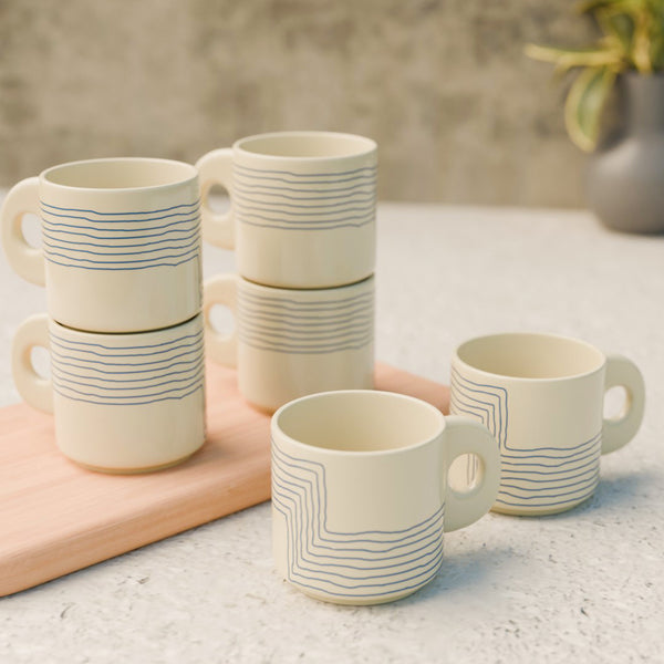 Cream Blue Ziggy Tea Cup Set of 6 - The Earth Store - Tea Cups